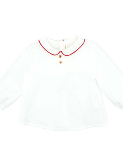 Blouse bébé à col rond et liseré rouge – Ecru