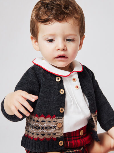 Blouse bébé à col rond et liseré rouge – Ecru