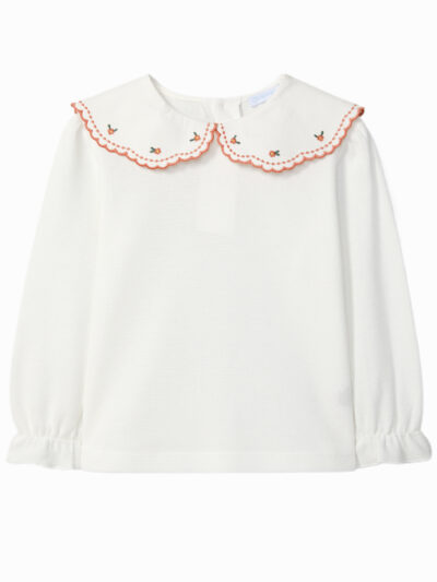 Blouse bébé fille à col brodé corail – Crème