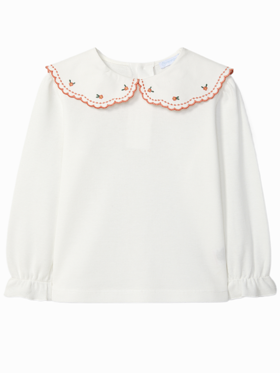 Blouse bébé fille à grand col brodé de fleurs et à liseré orange