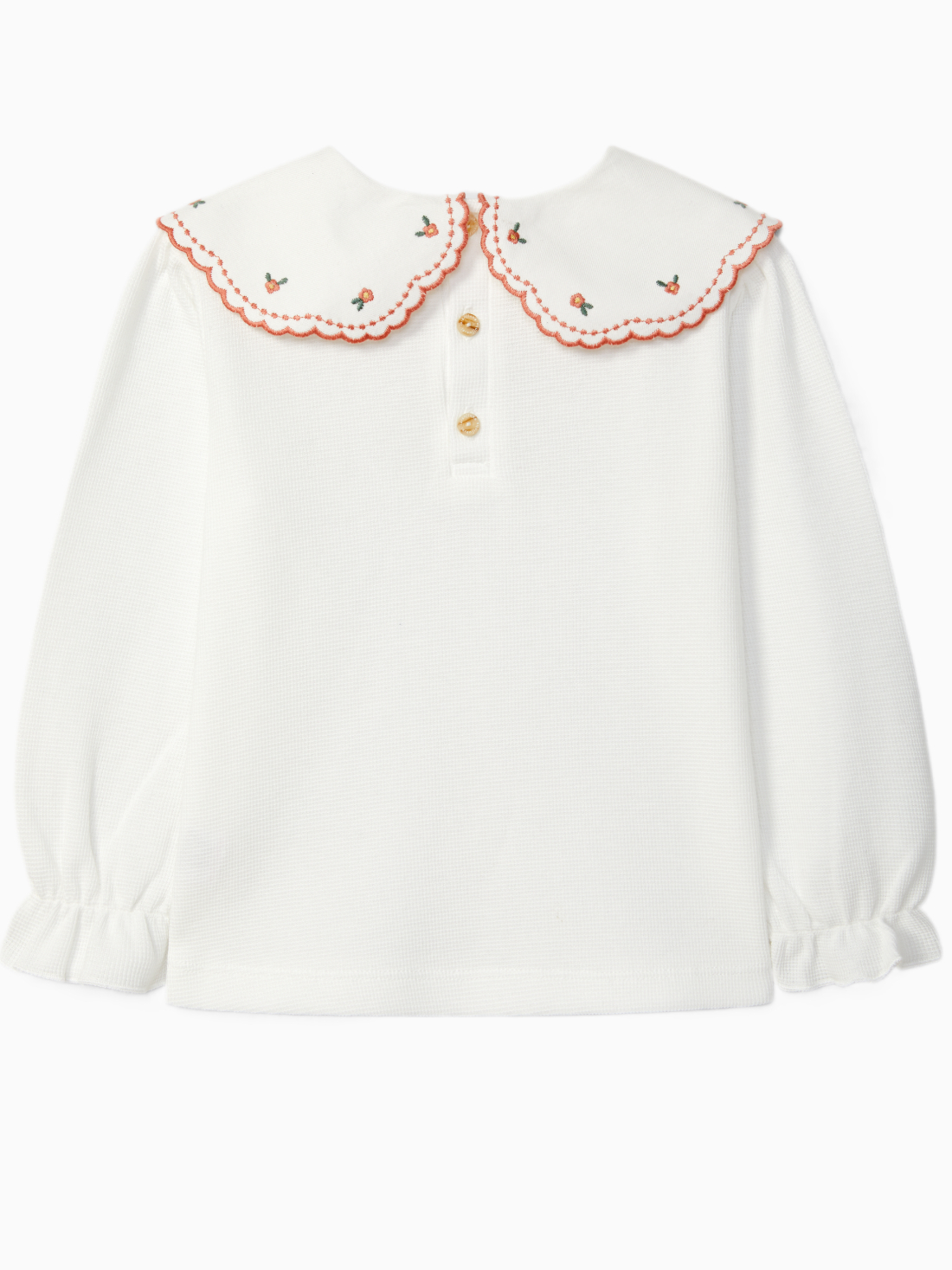 Blouse bébé fille à grand col brodé de fleurs et à liseré orange vue de dos