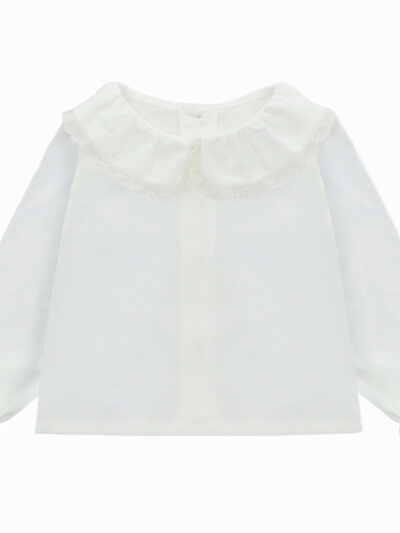 Blouse fille col froncé et dentelle – Blanc