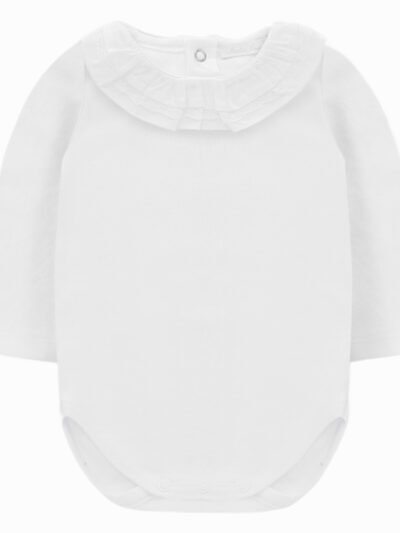 Body para bebé niña con cuello fruncido y encaje – Blanco
