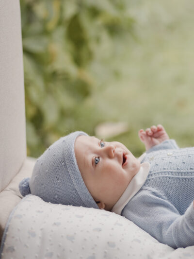 Blue Wool Pompom Newborn Hat