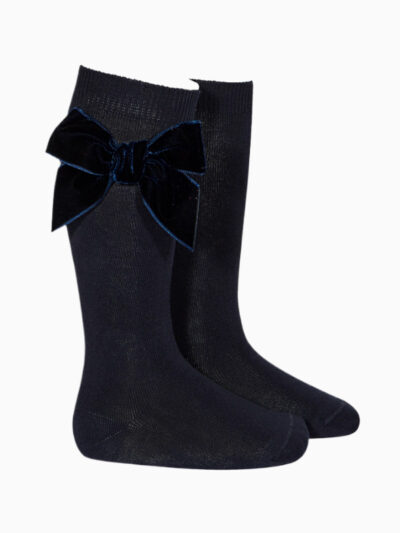 Chaussettes hautes bébé fille à noeud velours – Bleu marine