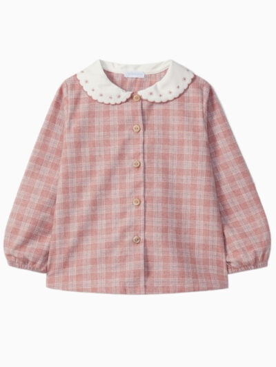 Chemise enfant fille à carreaux et col brodé – Rose