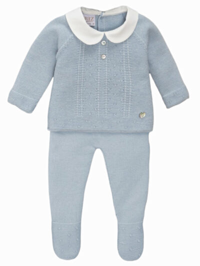 Conjunto de bebé de jersey de lana y pantalón con pies de punto bobo – Azul