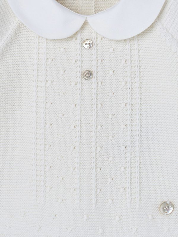 Detail of the 2-Piece Baby Set: Wool Knit Top with White Collar and Cream Footed Pants