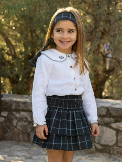 Girl’s Skirt and Round-Neck Shirt Set – Grey/White