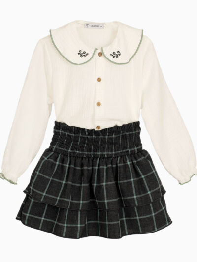 Girl’s Skirt and Round-Neck Shirt Set – Grey/White