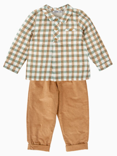 Conjunto para niño de camisa de cuadros y pantalón – Verde/camel