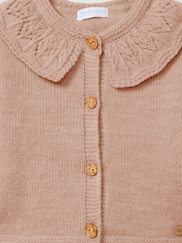 Detail of the Baby Girl's Ruffled Collar Cardigan with Openwork Details - Old Rose