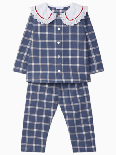Pyjama fille carreaux et broderies anglaises – Bleu
