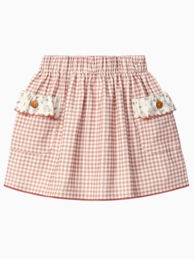 Falda reversible para niña con estampado de cuadros vichy y flores – Rosa/crema