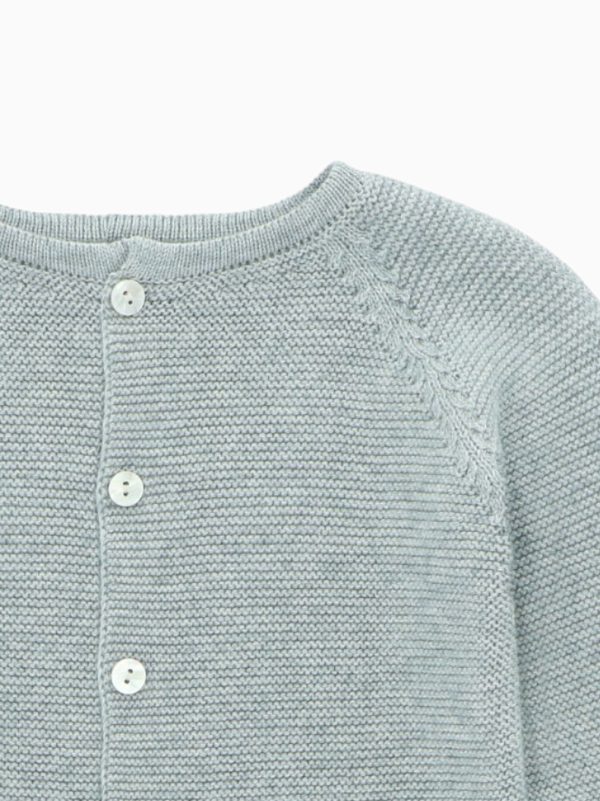 Detail of the Grey Baby Cardigan with Round Neckline