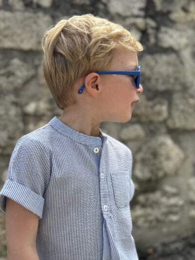 Camisa de niño de manga corta con cuello mao a rayas – Azul cielo/blanco