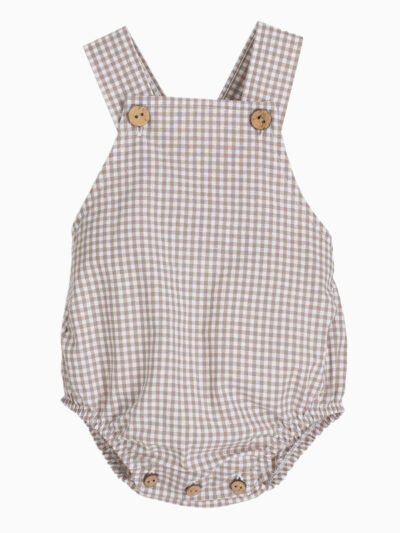 Barboteuse bébé à bretelles croisées vichy – Beige