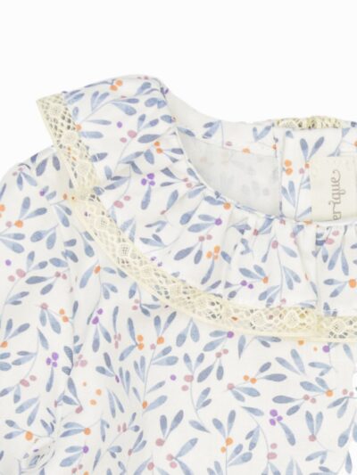 Blouse fille à col dentelle et imprimé bleu – Blanc