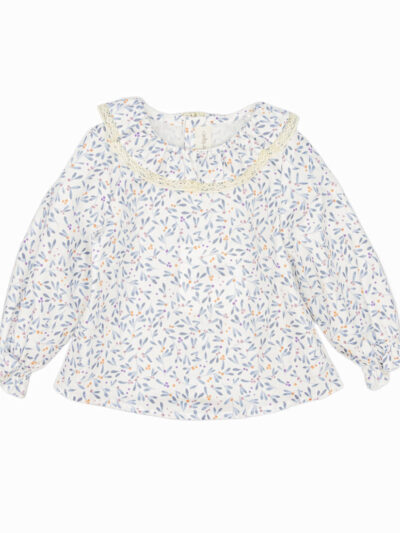 Blouse fille à col dentelle et imprimé bleu – Blanc