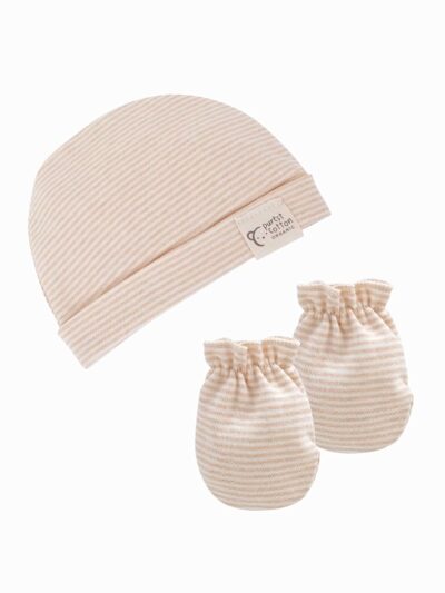 Striped Sand Organic Cotton Beanie and Mittens Set