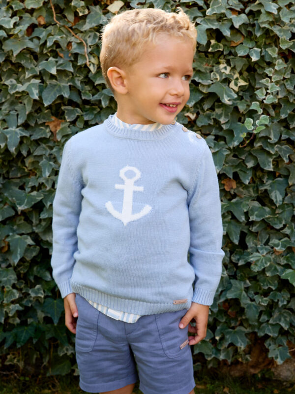 Pull garçon motif ancre marine – Bleu ciel