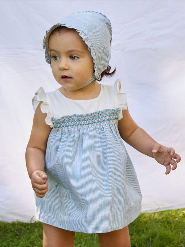 Ensemble bébé fille à smocks – Bleu/blanc