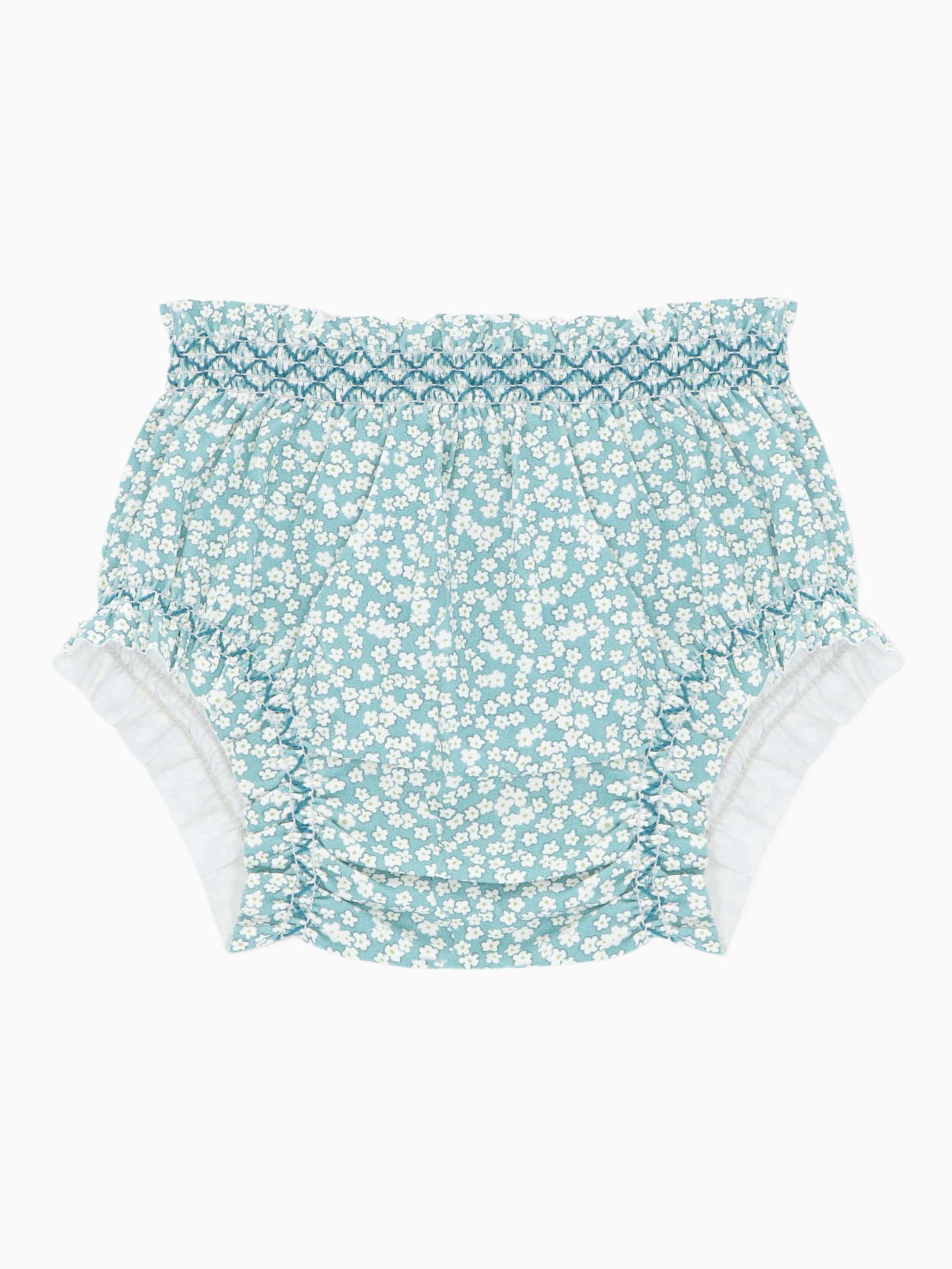 Bloomer de bain bébé fille vert à motif fleuri blanc et smocks
