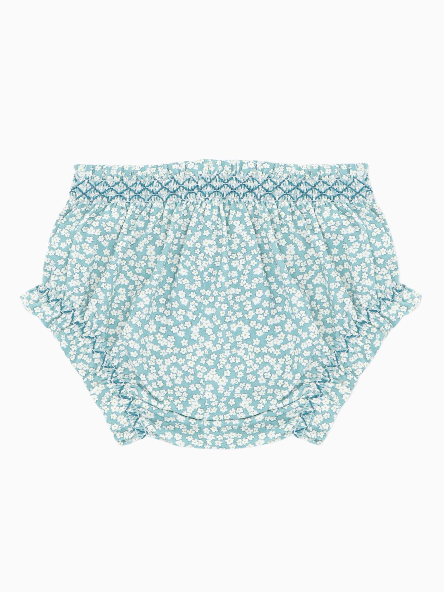 Bloomer de bain bébé fille vert à motif fleuri blanc et smocks vu de dos