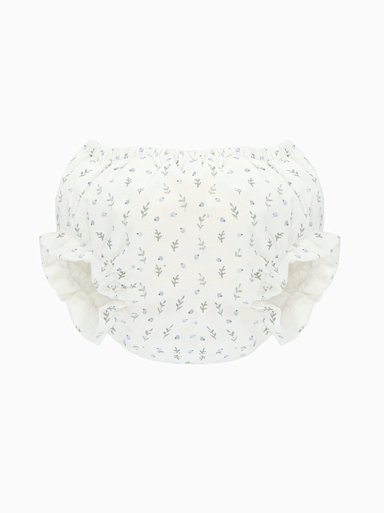 Bloomer bébé fille à motif de petites fleurs bleues sur fond blanc