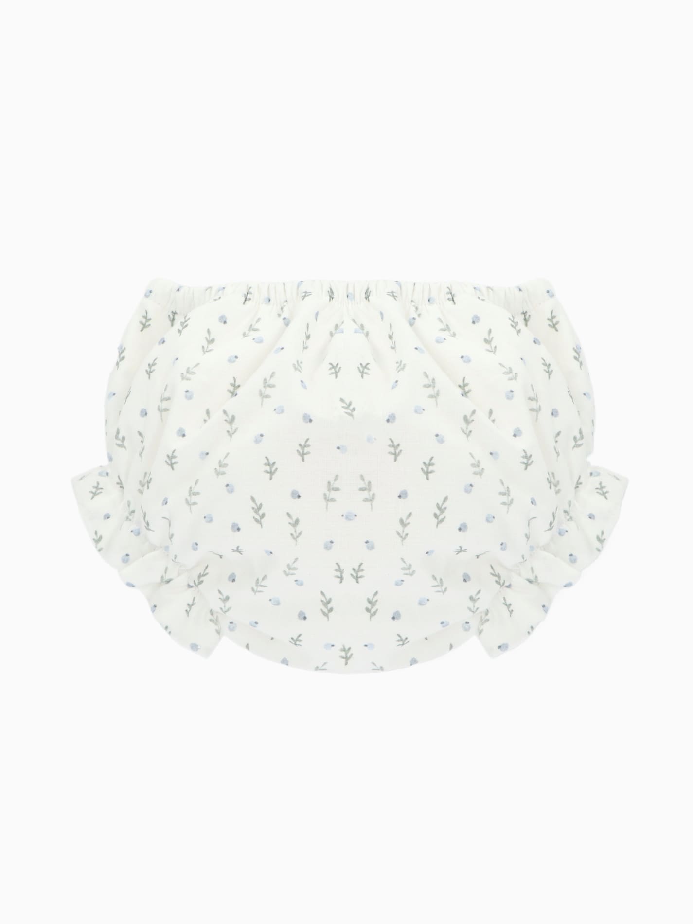 Bloomer bébé fille à motif de petites fleurs bleues sur fond blanc vu de dos