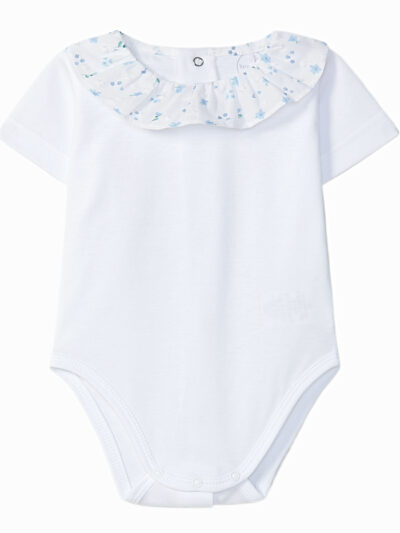 Body para bebé niña con cuello con volante y estampado floral – Blanco