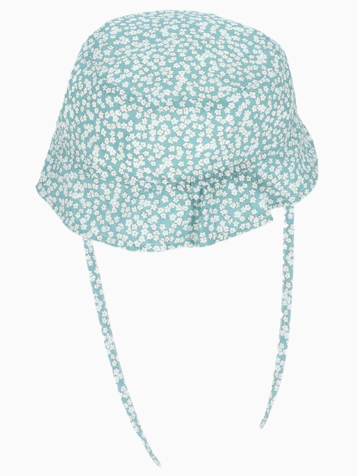 Chapeau de soleil bébé fille vert à motif fleuri blanc vu de près