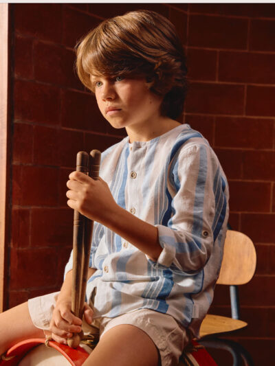 Chemise garçon à rayures texturées – Blanc/bleu