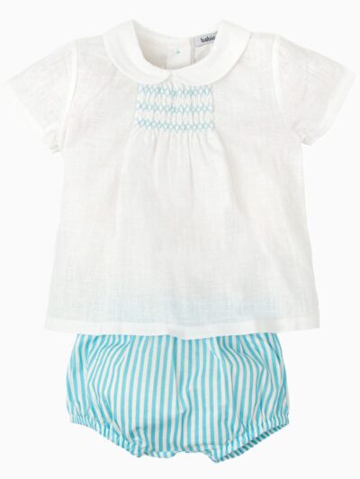 Conjunto bebé blusa con nidos de abeja y braguita a rayas – Turquesa