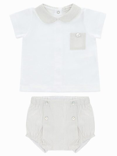 Conjunto bebé de camiseta con cuello y bloomer a rayas – Beige