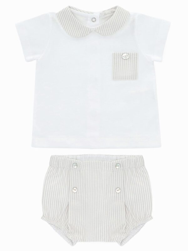 Ensemble bébé t-shirt à col et bloomer rayé – Beige