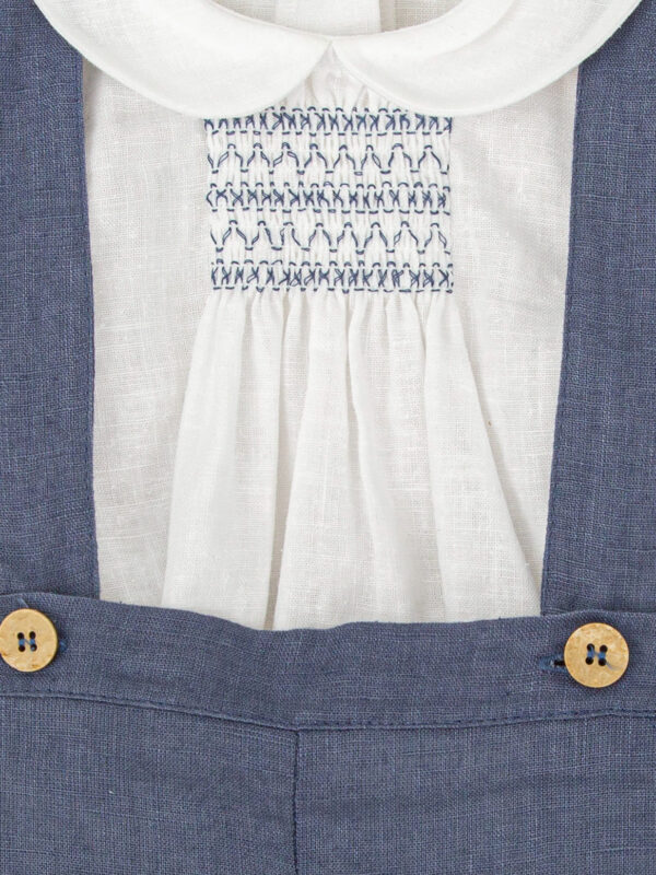 Ensemble garçon short à bretelles et blouse à smocks – Bleu/blanc