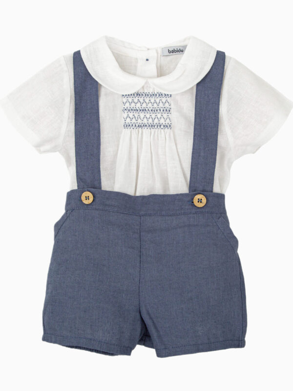 Ensemble garçon short à bretelles et blouse à smocks – Bleu/blanc