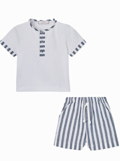 Conjunto niño camiseta y pantalón corto a rayas – Azul/blanco