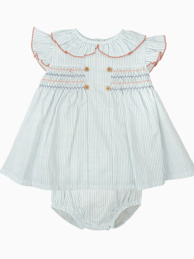 Conjunto de vestido a rayas con nido de abeja y pololo – Azul/blanco