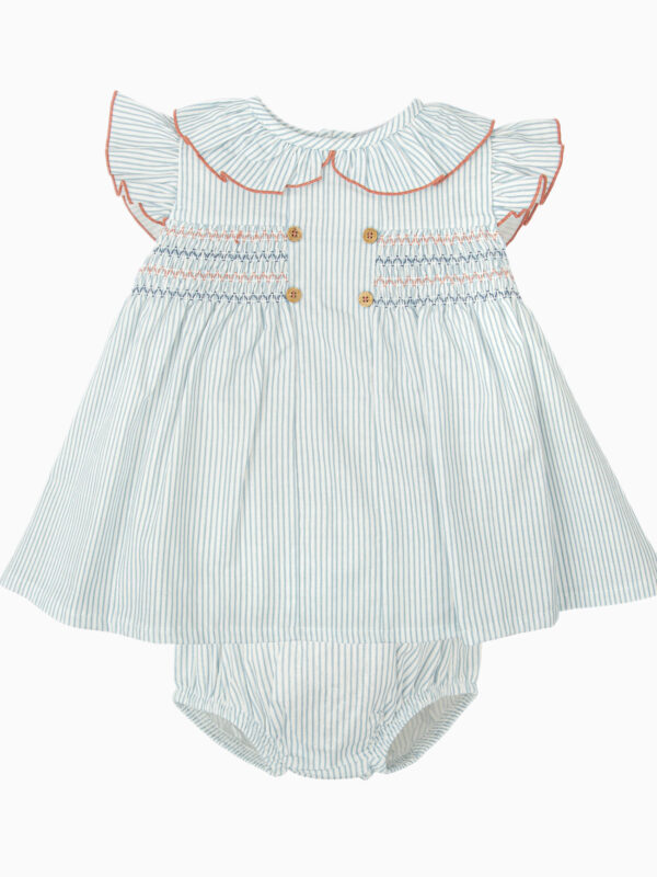 Ensemble robe rayée à smocks et bloomer – Bleu/blanc