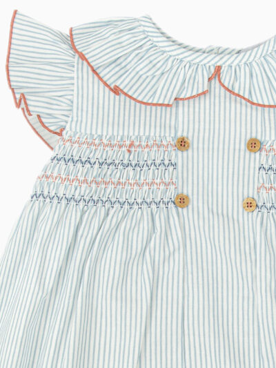 Conjunto de vestido a rayas con nido de abeja y pololo – Azul/blanco