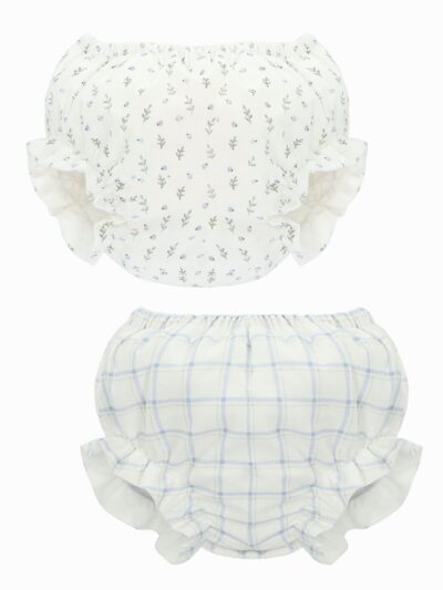 Lot de 2 bloomers bébé fille – Blanc | Petites fleurs bleues & carreaux bleu ciel