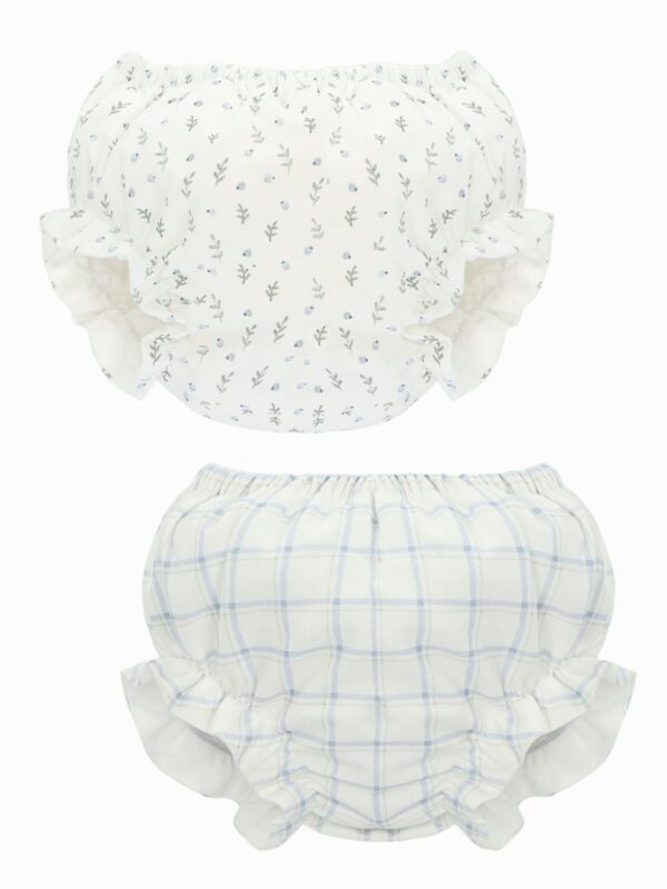 Lot de 2 bloomers bébé fille – Blanc | Petites fleurs bleues & carreaux bleu ciel