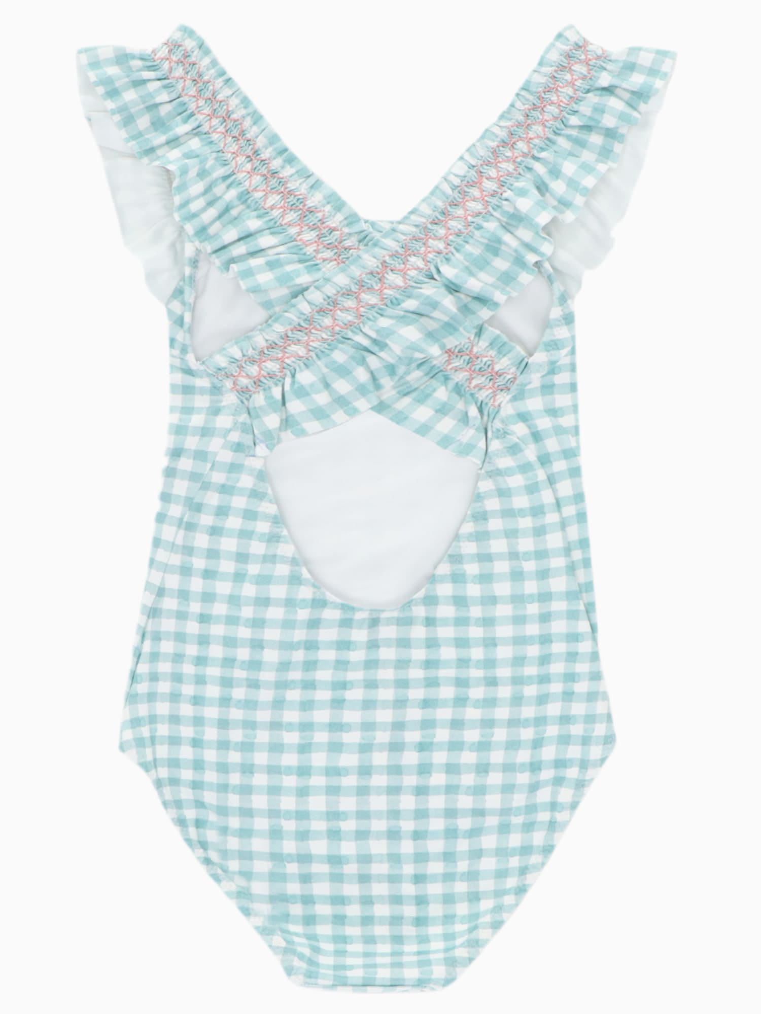 Détail du maillot de bain fille vichy vert et blanc à bretelles croisées dans le dos vu de dos