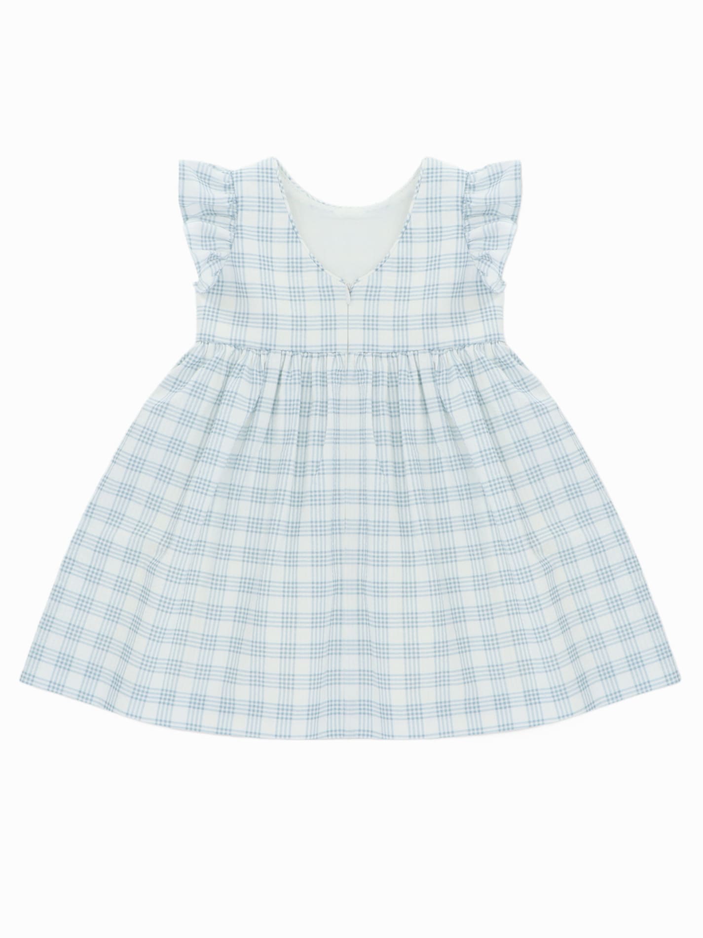Robe fillette à carreaux bleu ciel et blancs vue de dos