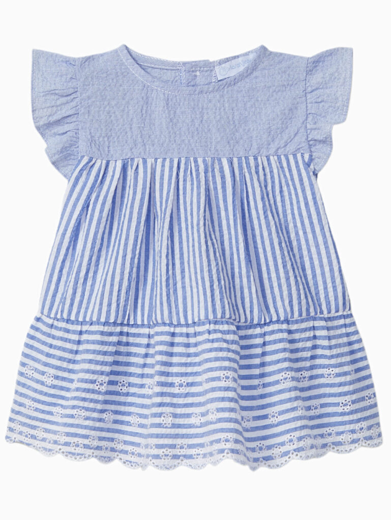 Vestido de seersucker a rayas y bordado - Azul