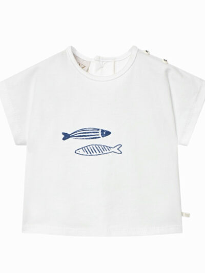 T-shirt manches courtes garçon imprimé poissons – Blanc