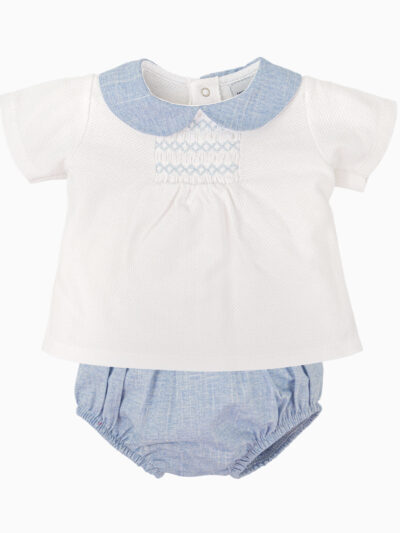 Ensemble bébé blouse à col et bloomer assorti – Bleu