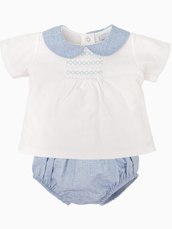 Ensemble bébé blouse à col et bloomer assorti – Bleu